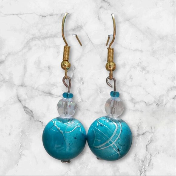 Turquoise Drawbench Glass Earrings, Silver Caps, Gold - Plated Wire, 1.75 in - Picture 2 of 3